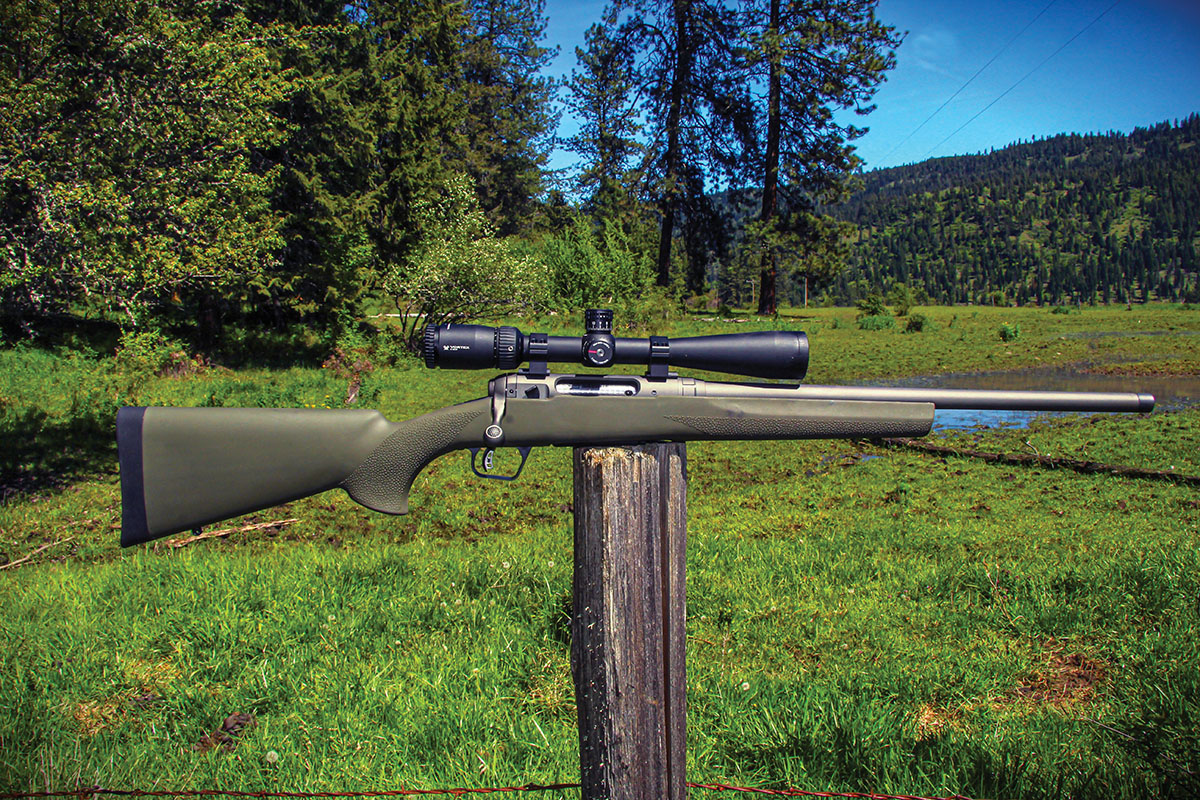 The Savage 110 Trail Hunter for 2024 is made for the toughest assignments, including a Hogue Overmolded Rubber Stock with aluminum pillars, and a complete Tungsten CERAKOTE finish to repel moisture and grime.